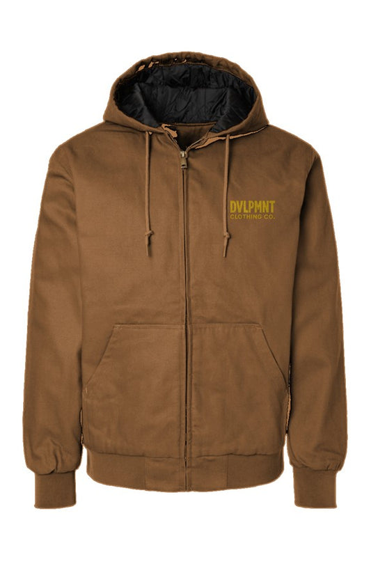 Apliiq Canvas Workwear Jacket displayed on a hanger, showcasing durable fabric and classic workwear style.