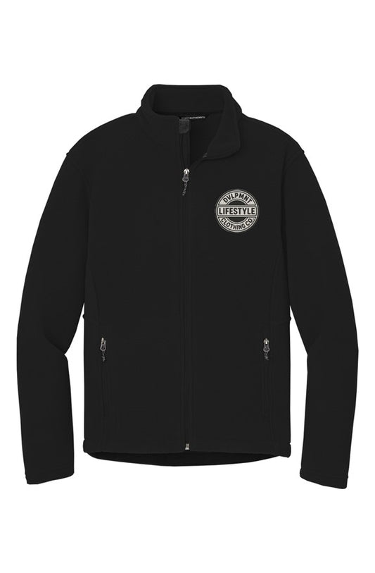 Apliiq DLCC full zip fleece jacket showing a cozy, gray fleece with a high collar and full front zipper.