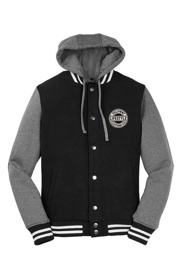 Apliiq DLCC insulated letterman jacket with navy and white color, featuring a front chest letter and ribbed cuffs and hem.
