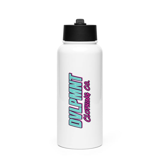 DVLPMNT CLOTHING CO. 950ml stainless steel water bottle with a straw lid, featuring a sleek, durable design and ergonomic cap.