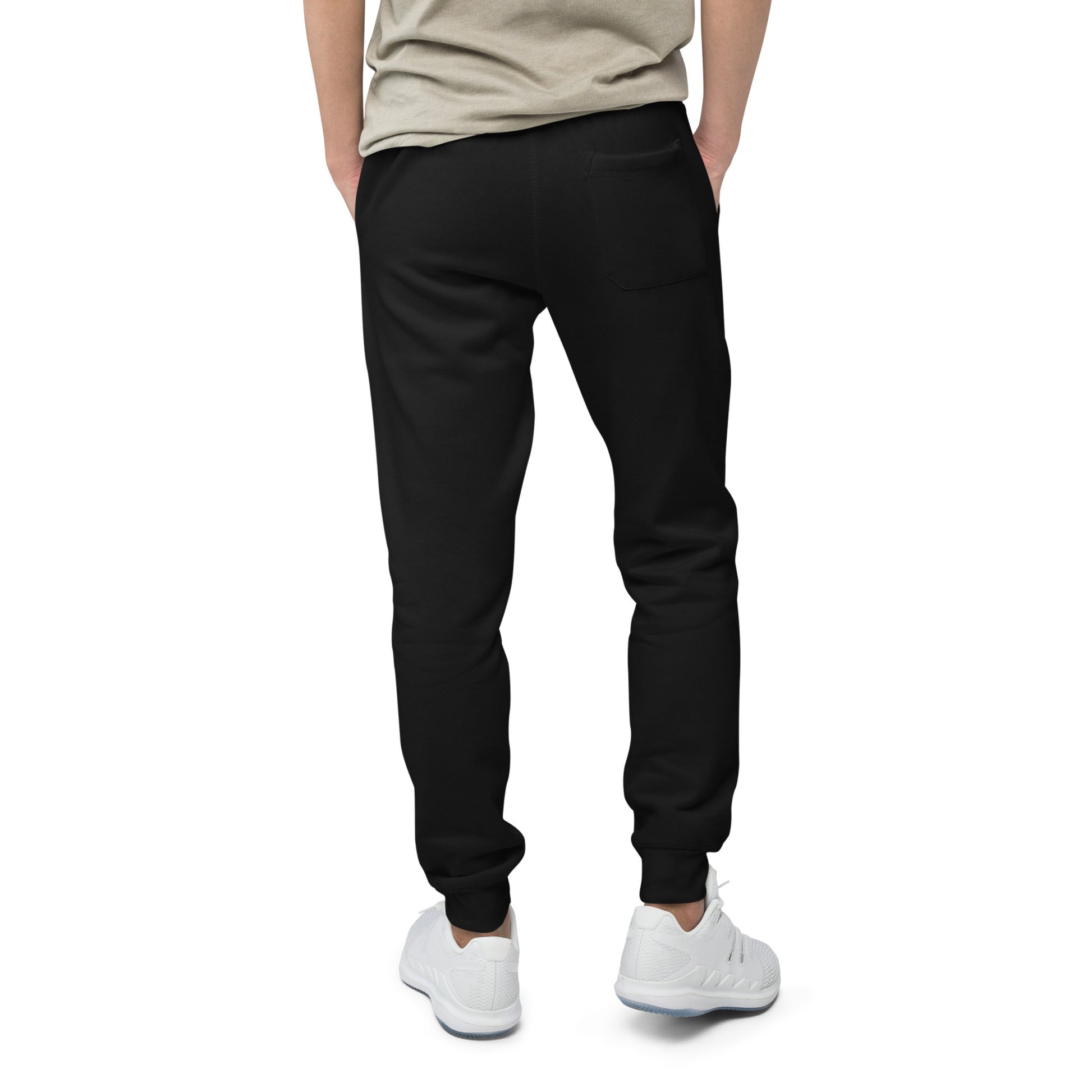 Unisex black fleece sweatpants by DVLPMNT CLOTHING CO., casual loungewear, comfortable fit, relaxed style.