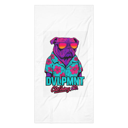 Sublimation DVLPMNT CO. Doug on Ya towel with colorful graphic design on 30x60 inch fabric for beach or bath use.