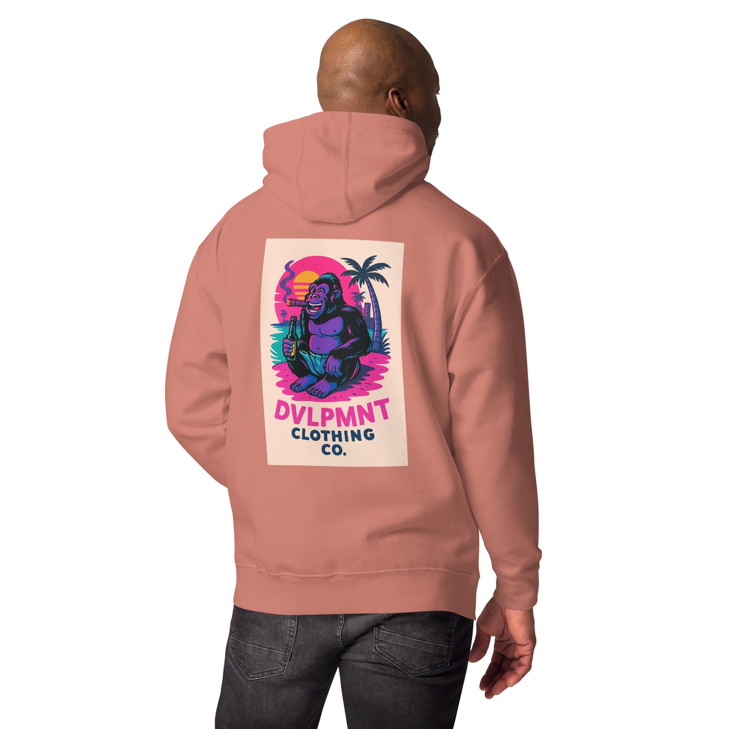 DVLPMNT CO. Chillin Gorilla hoodie T-shirt featuring a relaxed gorilla graphic on the front, casual and stylish design.