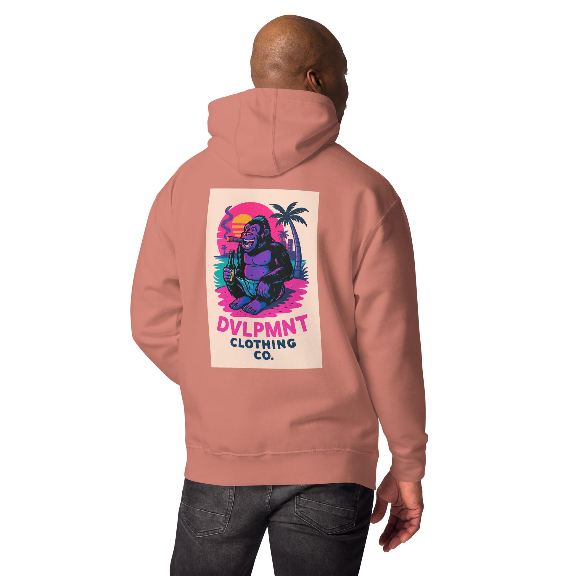 DVLPMNT CO. Chillin Gorilla hoodie T-shirt featuring a relaxed gorilla graphic on the front, casual and stylish design.