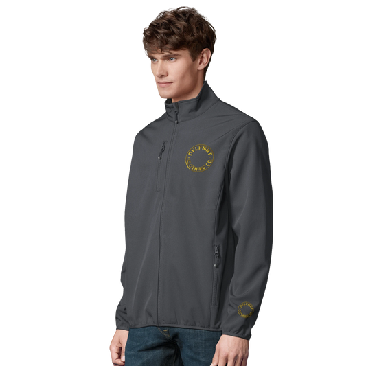 Charcoal grey DVLPMNT CLOTHING CO. softshell full zip jacket made from print material, shown on a hanger.