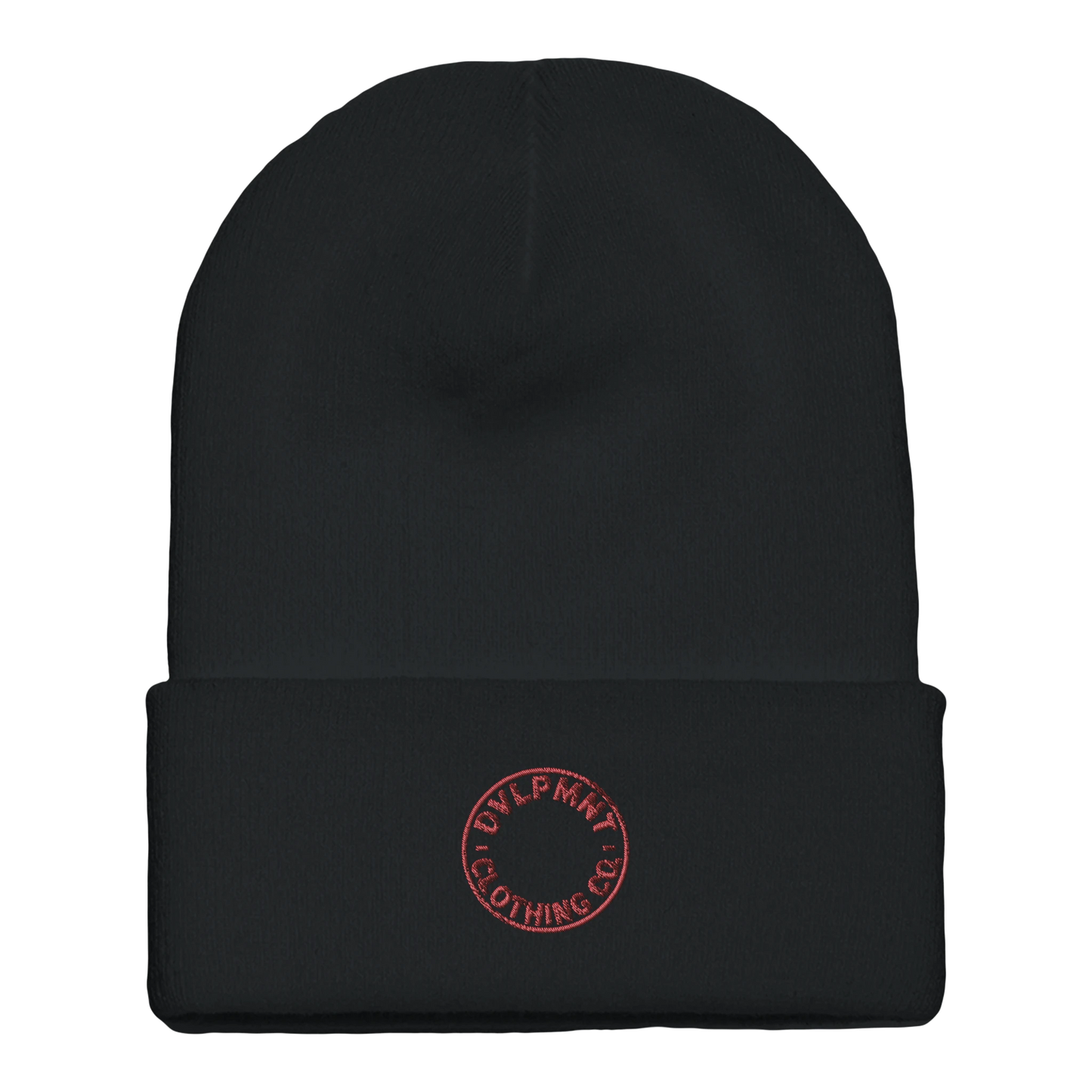 DVLPMNT CLOTHING CO. cuffed beanie made of print material in gold, stylish and cozy winter accessory with brand logo detail.