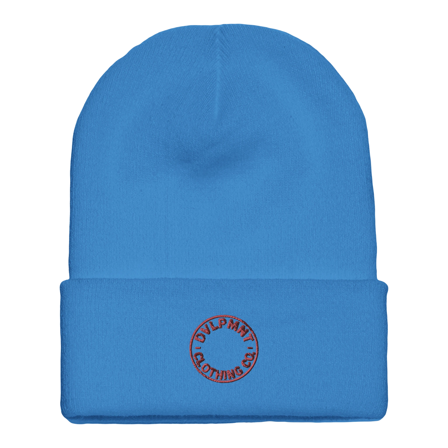 DVLPMNT CLOTHING CO. cuffed beanie made of print material with gold branding, featuring a cozy, folded design for casual wear.