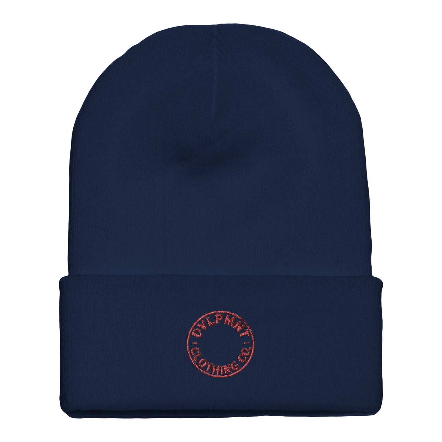 Gold cuffed beanie from DVLPMNT CLOTHING CO. made of print material, featuring a casual design and branded logo.