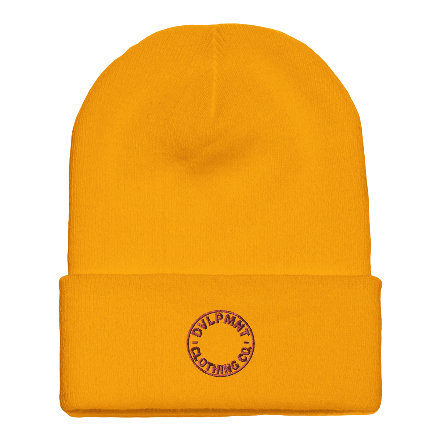DVLPMNT LIFESTYLE CO. cuffed beanie made of print material in gold with logo embroidery, stylish and warm headwear.