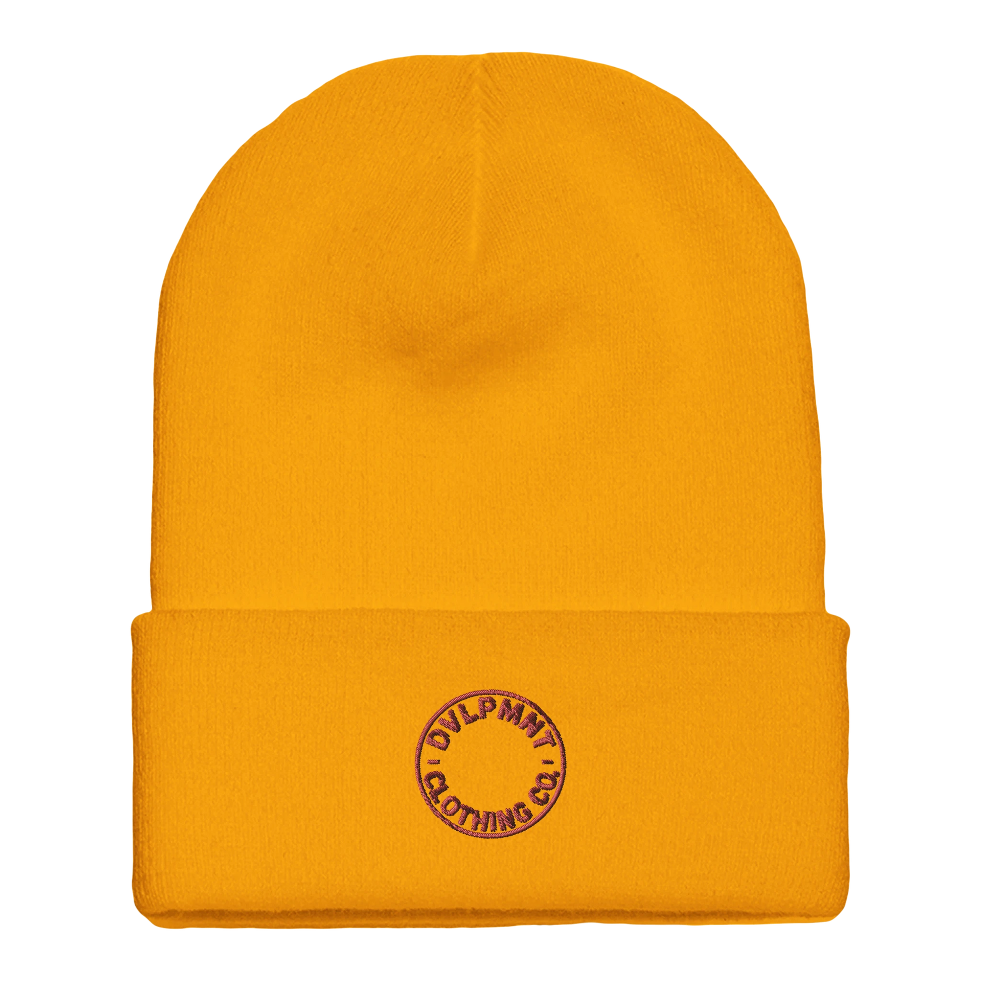 DVLPMNT LIFESTYLE CO. cuffed beanie made of print material in gold with logo embroidery, stylish and warm headwear.