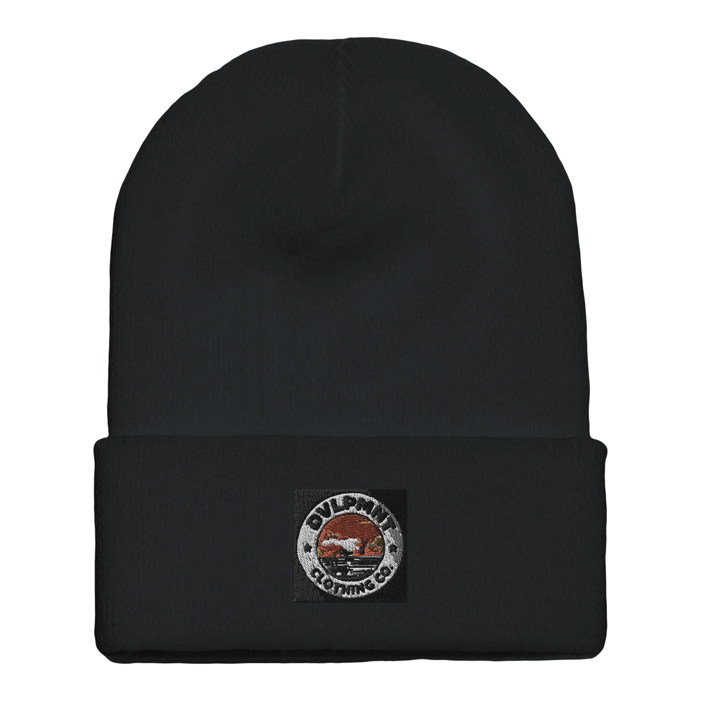 Gold print Cuffed Beanie by DVLPMNT LIFESTYLE CO. made from soft print material, featuring a snug fit and stylish design.