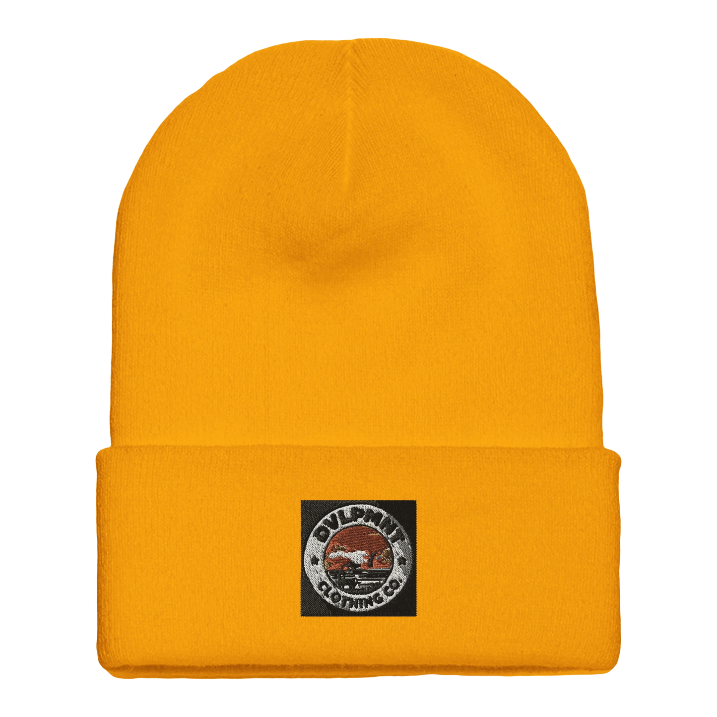 DVLPMNT CLOTHING CO. cuffed beanie made of print material with gold accents, stylish and warm for casual wear.