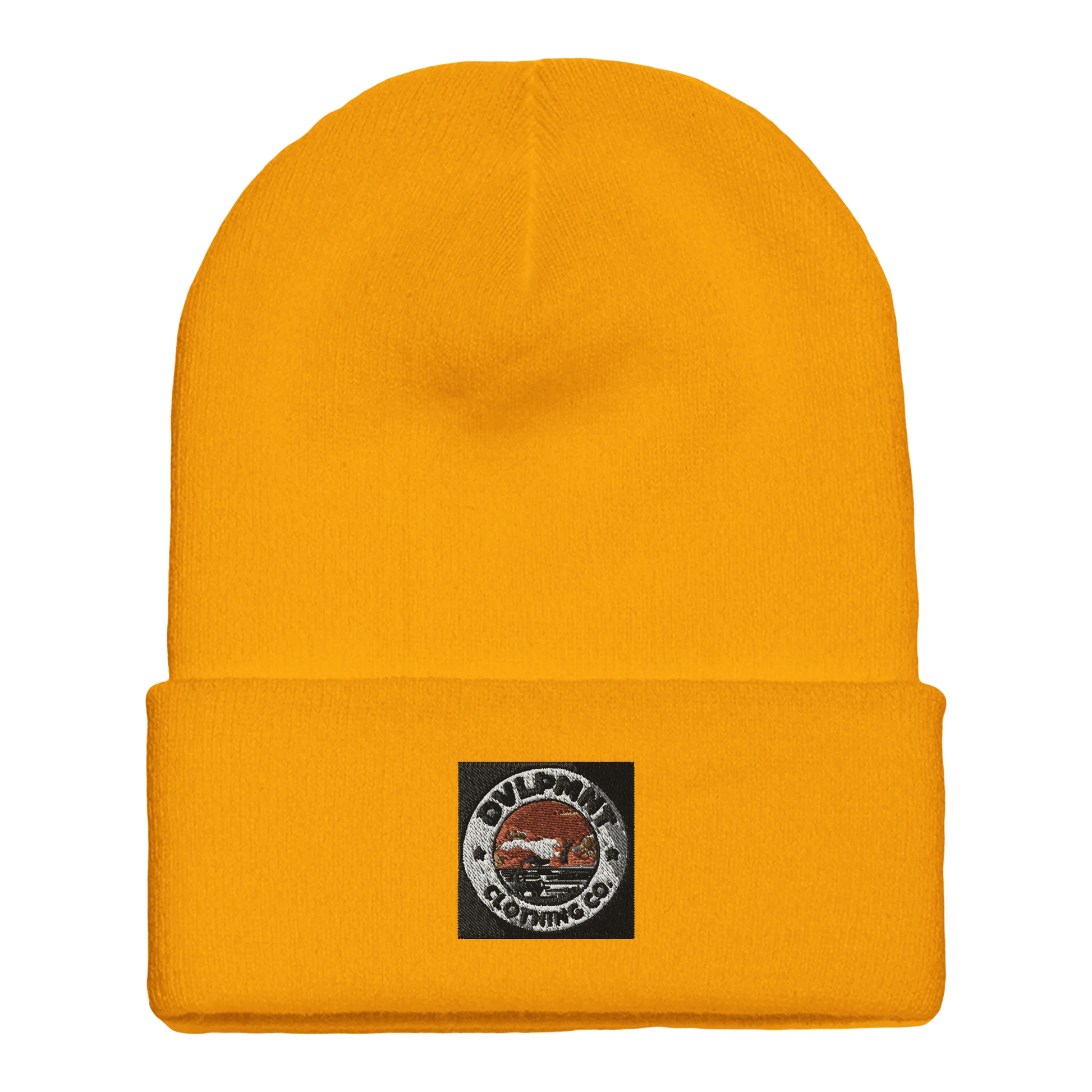 DVLPMNT CLOTHING CO. cuffed beanie made of print material with gold accents, stylish and warm for casual wear.