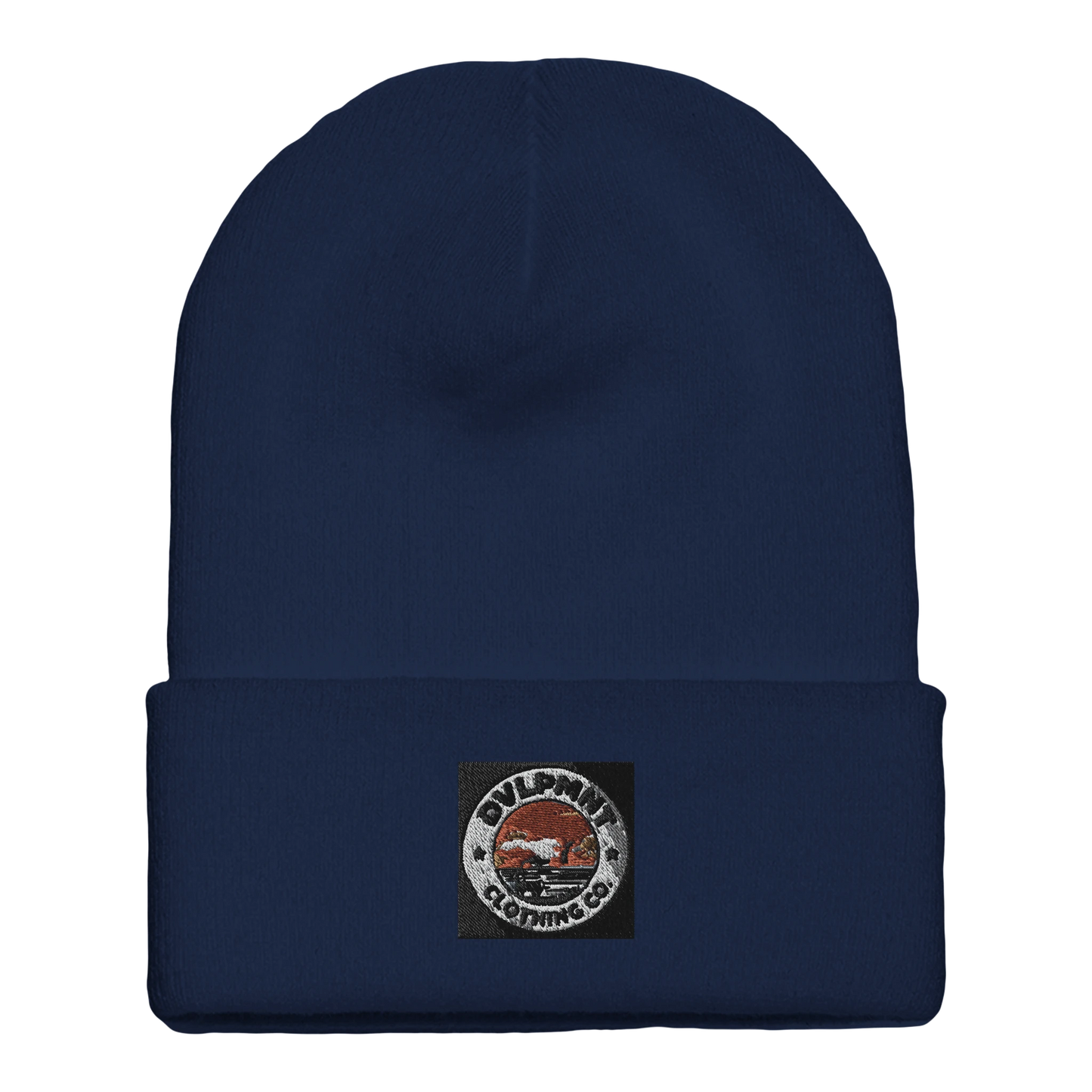 DVLPMNT CLOTHING CO. cuffed beanie made of print material with gold accents, styled for casual wear.