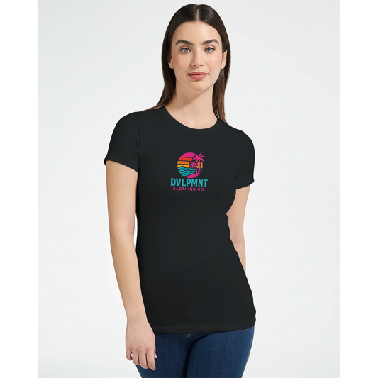 White Sunset Vibes premium women's crewneck T-shirt by DVLPMNT LIFESTYLE CO. with vibrant sunset print design.